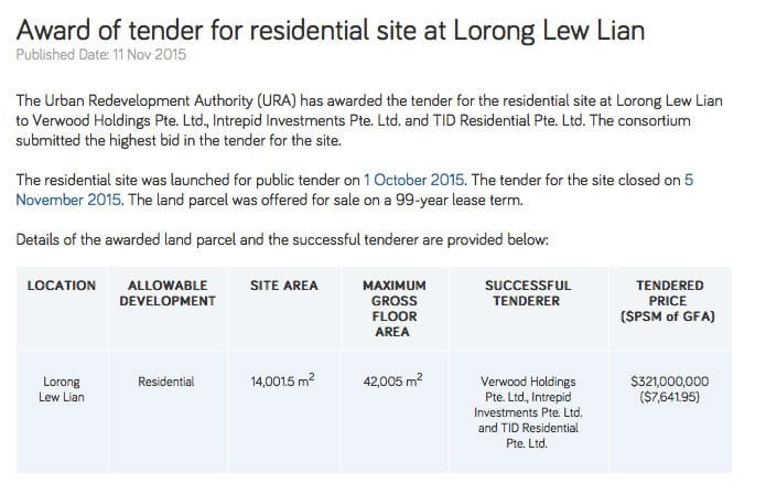 Lorong Lew Lian - Award of Tender