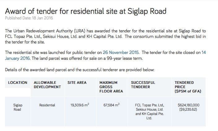 Award of Tender for Siglap Land Parcel