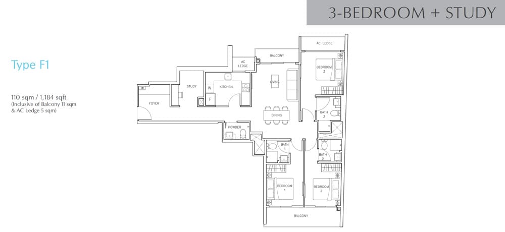 Rezi 24 - Floor Plan - 3 Bedroom with Study