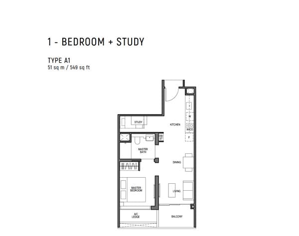 Blossoms By The Park - 1 Bedroom + Study Floor Plan