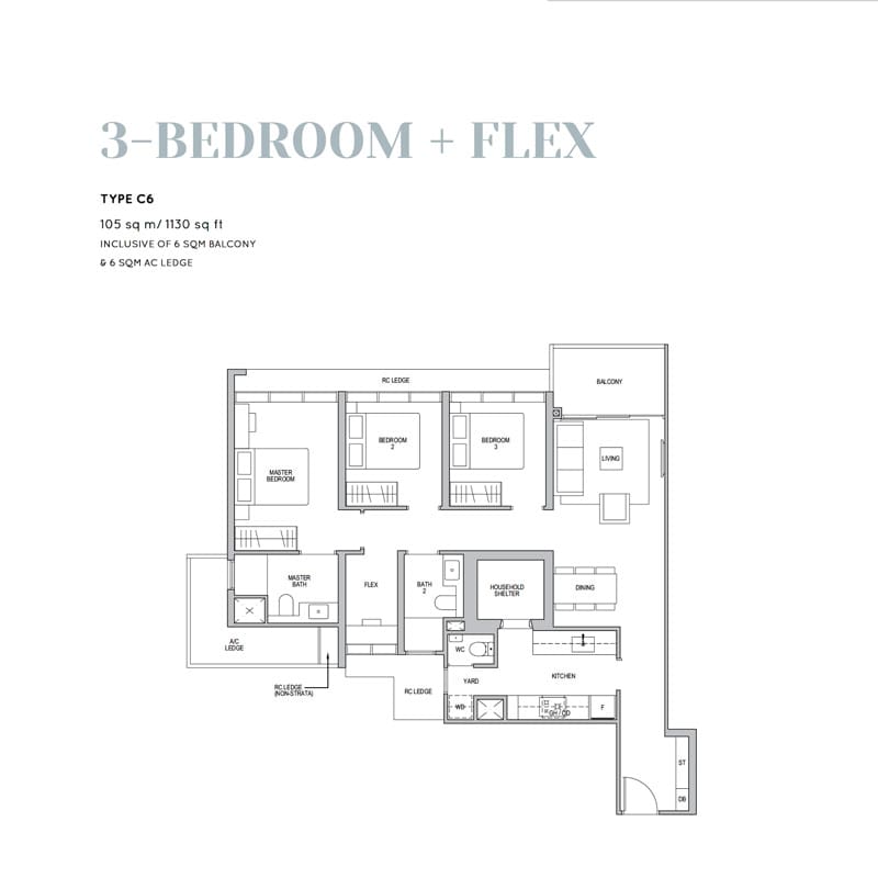 Lentor Modern -Floorplan - 3 Bedroom with Flexi